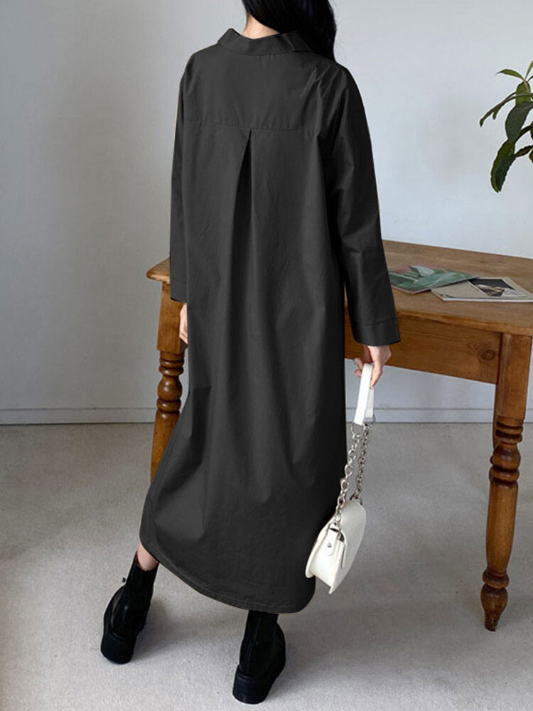 Solid Long Sleeve Lapel Casual Shirt Dress For Women