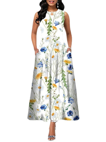 Women's Sleeveless Floral Crew Neck Casual Loose Fit Long Dress With Pocket