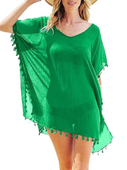 Women Solid Color Translucent Tassel V-Neck Sun Protection Cover Ups