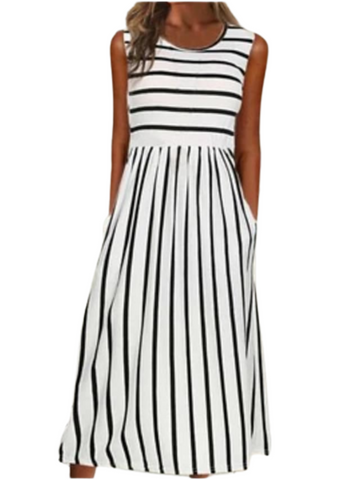 Fashionable Women's Sleeveless Striped Ruched Crew Neck Casual Dress