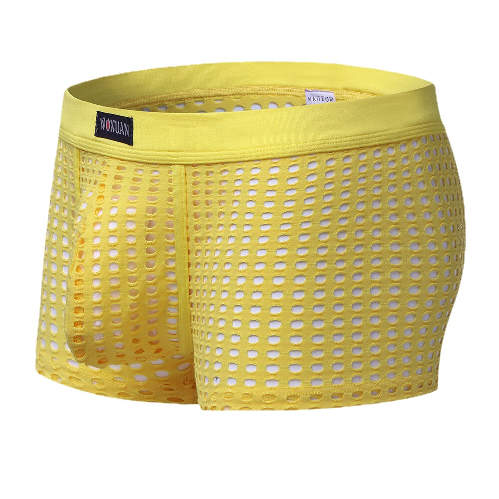 Mens Mesh Holes Transparent Solid Color Boxers Underwear