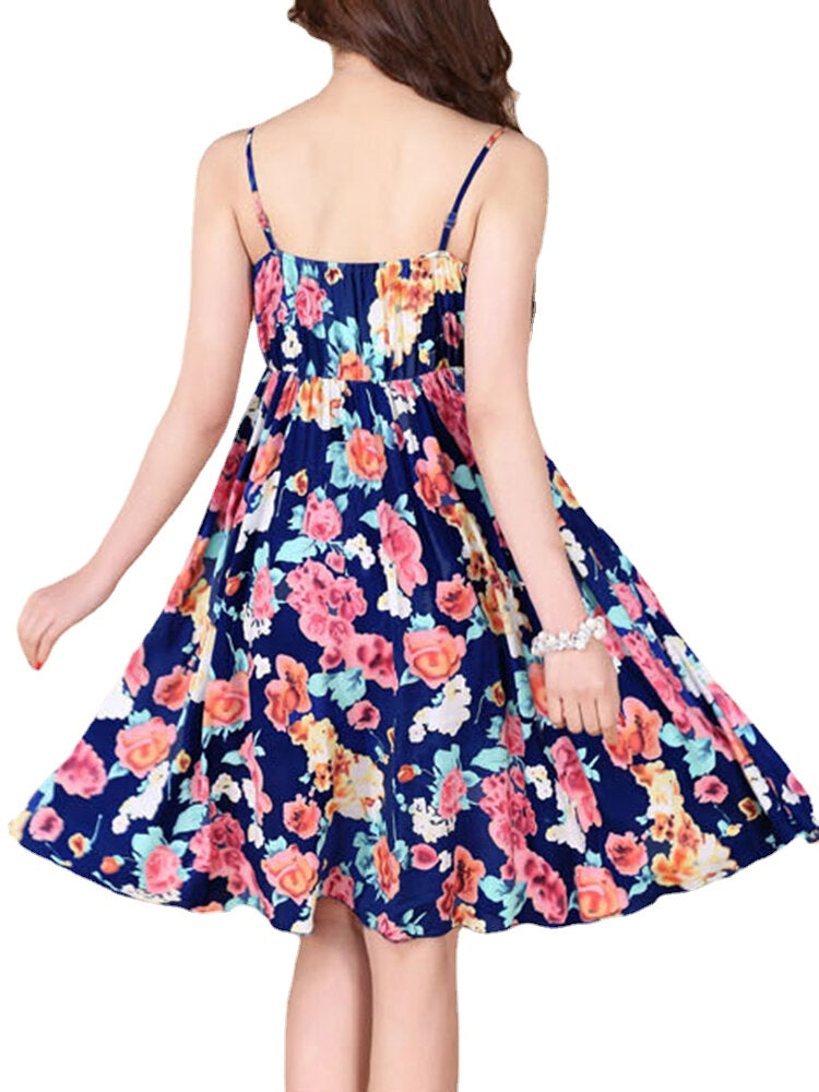 Bohemian Women Strap Flower Pattern Printing Beach A-line Dress