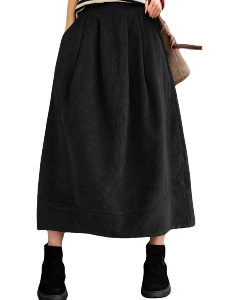 Women Corduroy Solid Elastic Waist Leisure Skirt With Side Pockets