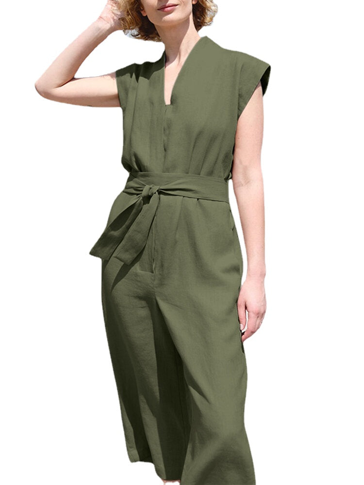 Solid Sash V Neck Pocket Sleeveless Casual Cotton Jumpsuit