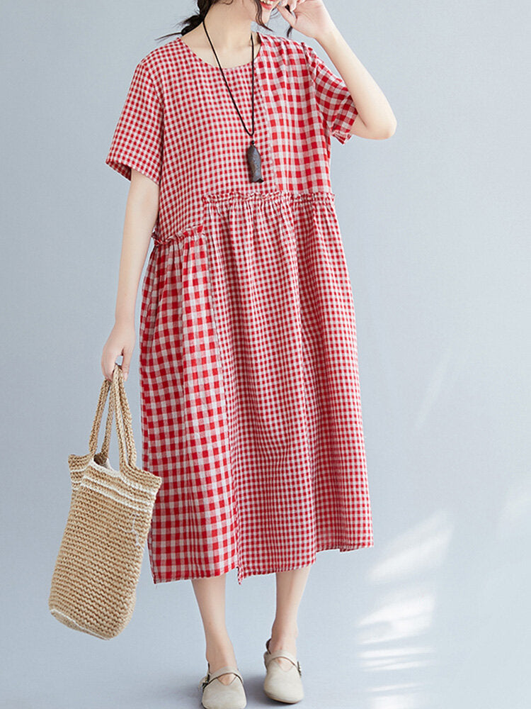 Vintage Cotton Linen Plaid Patch Loose Short-Sleeved Mid-Calf Dress With Pockets