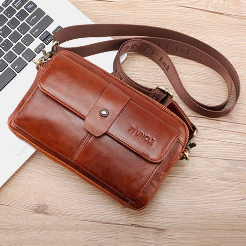 Men Genuine Leather Multi-function Retro Shoulder Bag Waist Cross Body