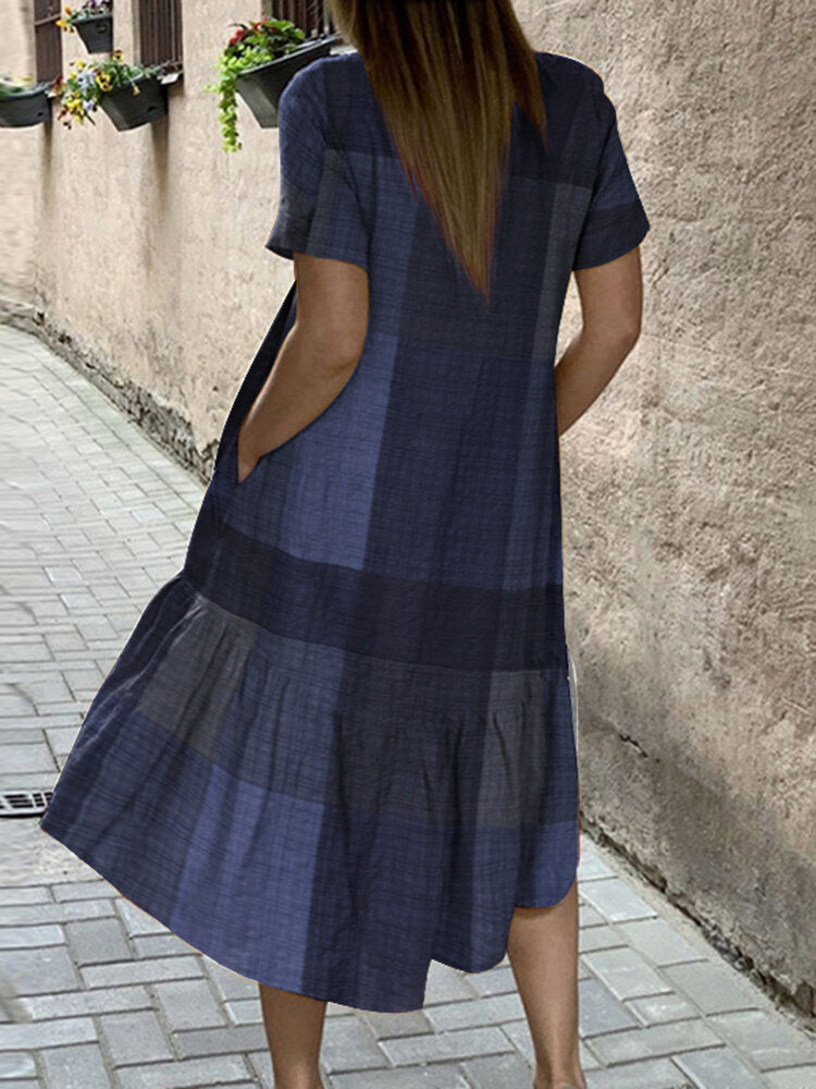 O-Neck Plaid Loose Casual Dress With Side Pockets For Women