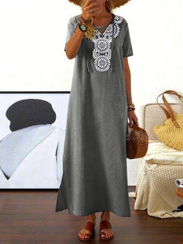 Bohemia Embroidery V-neck Short Sleeve Split Maxi Dress