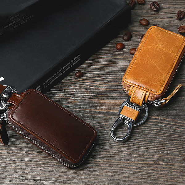 Men Genuine Leather Zipper Car Key Case Bag