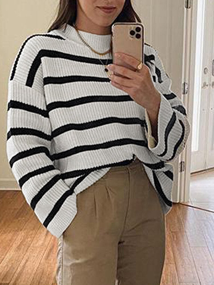 Women Black and White Striped O-Neck Casual Loose Fit Preppy Sweasters