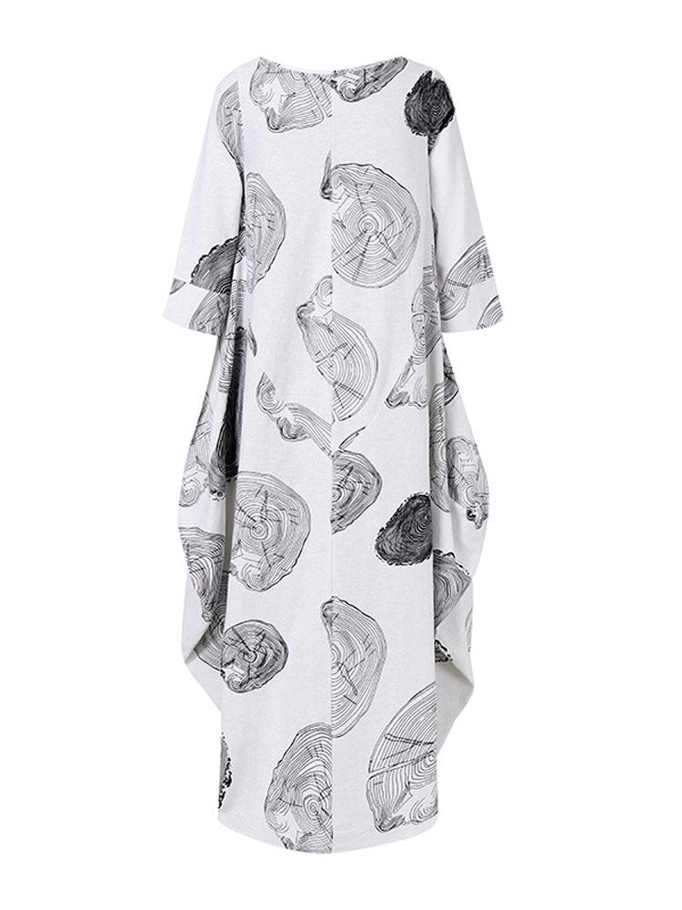 Women Retro Cotton Print 3/4 Sleeve Loose Baggy Casual Maxi Dresses With Pocket