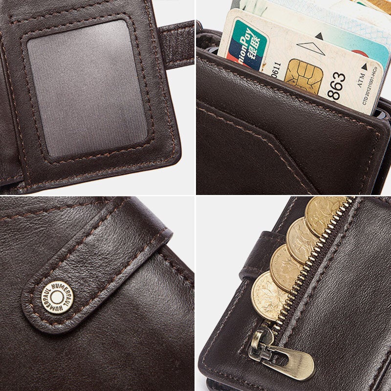 Men Bifold Short RFID Blocking Antimagnetic Wallet First Layer Cowhide 9 Card Slot Holder Money Clip