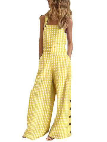 Women Casual Sleeveless Straps Plaid Wide Leg Side Buttons Jumpsuits With Pocket