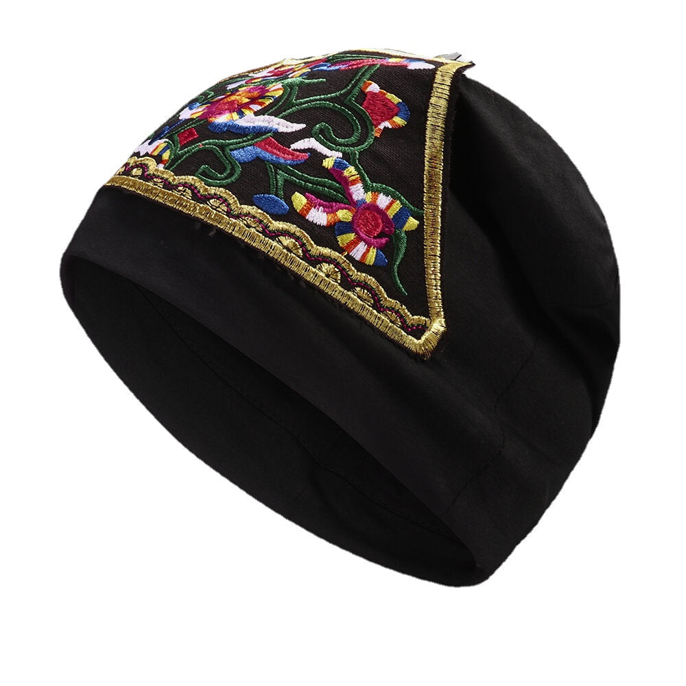 Women Cotton Floral Ethnic Embroidery Beanie Hat Elastic Breathable Turban Cap
