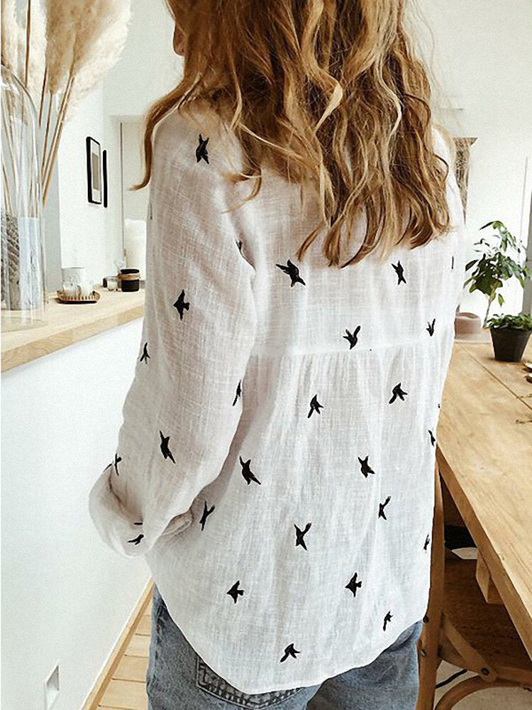 Daily Casual Women Bird Print Cotton Linen Long Sleeve Shirt Commute Blouse