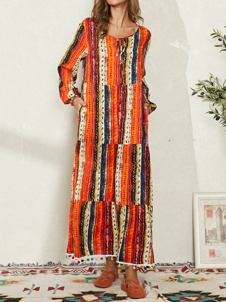 Plus Size Women Vintage Bohemian Print Tie Neck Pompom Hem Maxi Dresses