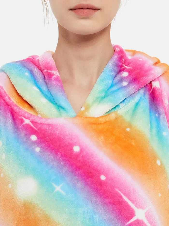 Women Rainbow Flannel Fleece Lined Warm Thick Oversized Blanket Hoodie With Front Pocket