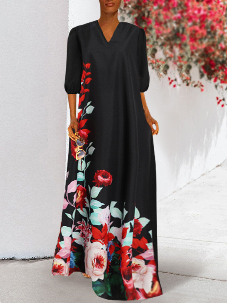 Women Floral Print V-Neck 3/4 Sleeve Casual Maxi Dress