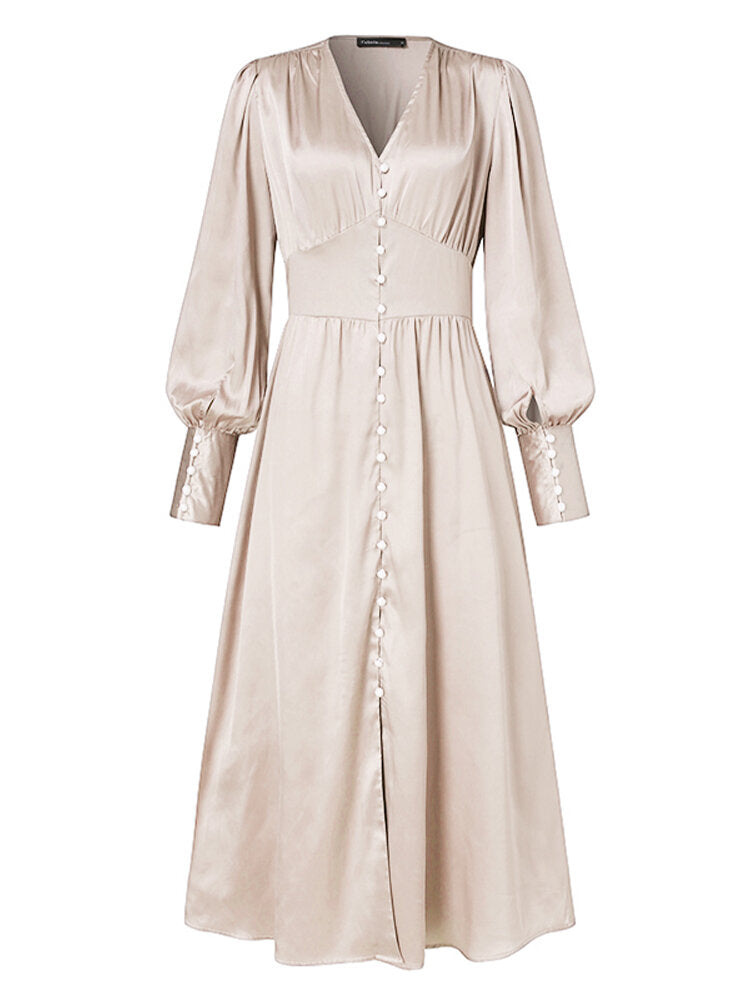 Women Satin Button Up V-Neck Long Sleeve Elegant Maxi Dresses