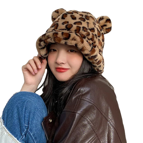 Women Faux Rabbit Hair Warm Soft Cute Casual All-match Animal Ear Pattern Bucket Hat