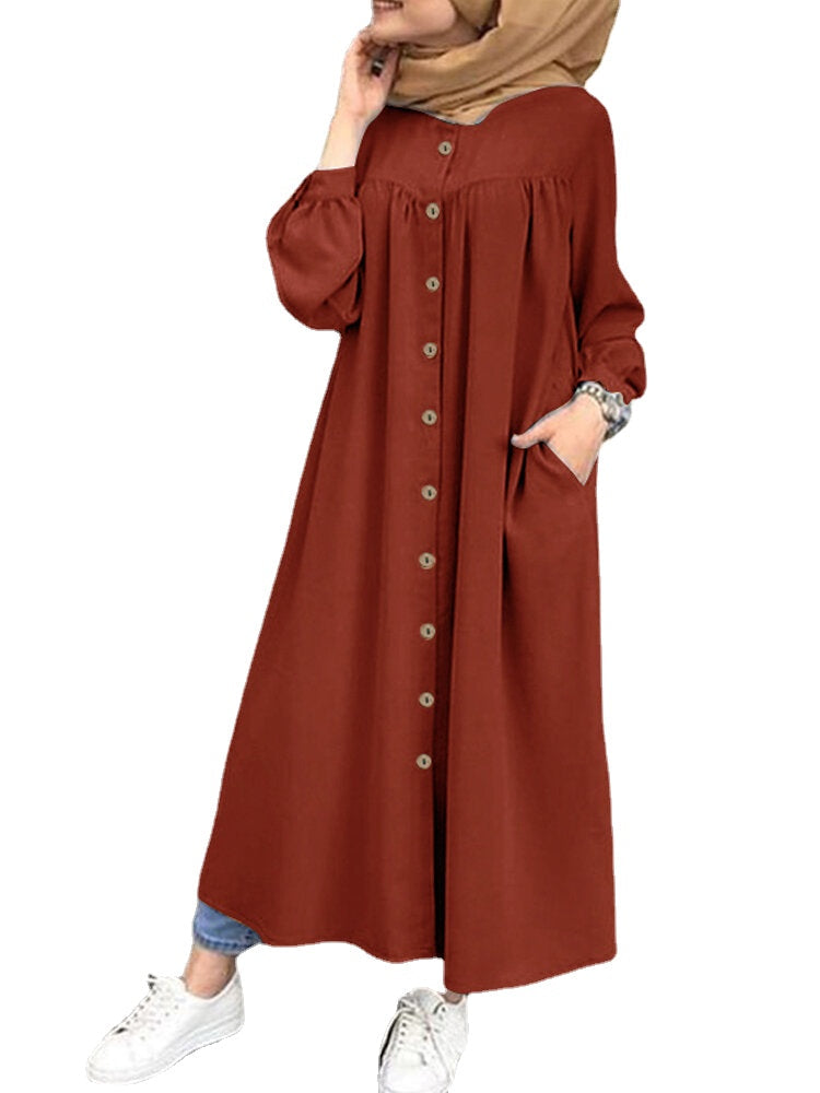 Solid Color Stand Collar Button Down Front Leisure Loose Maxi Dress with Side Pockets