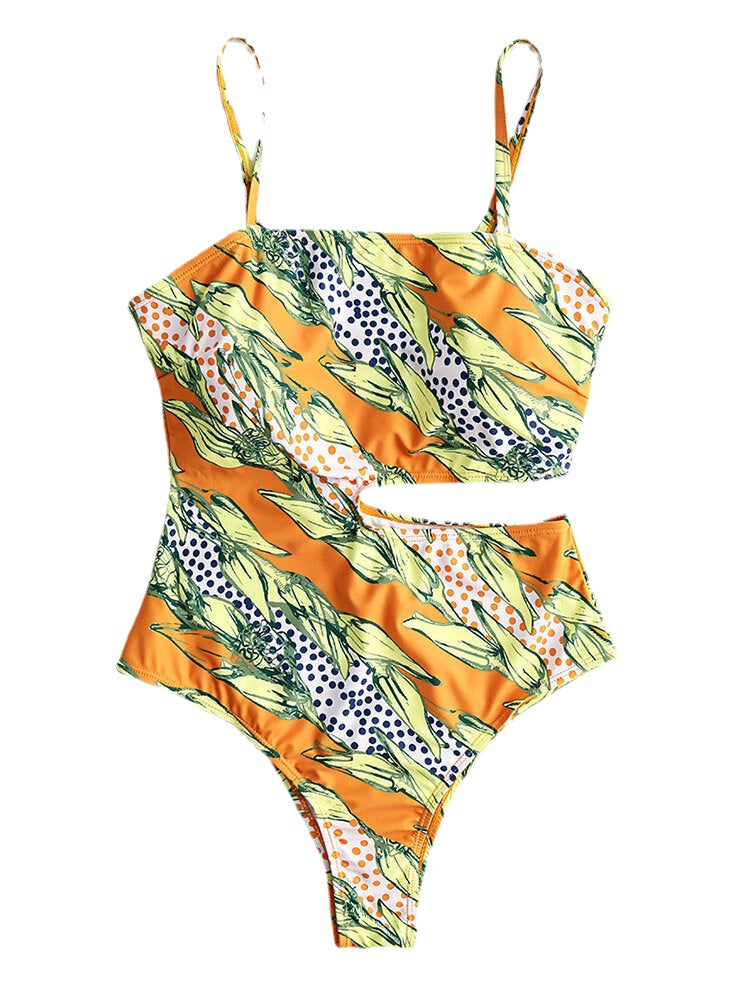 Women Cartoon Fruit Print Cut Out Adjustable Straps One Piece Beach Swimwear