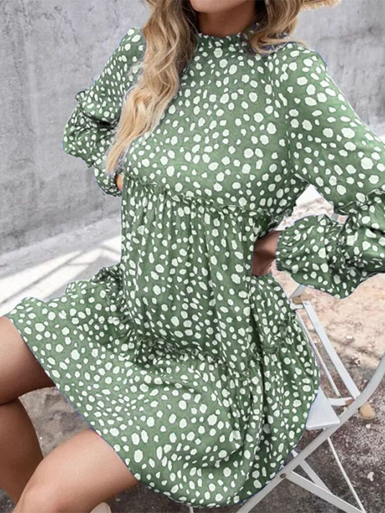 Women Bohemian Retro Knee Length Polka Dots Casual Midi Dresses