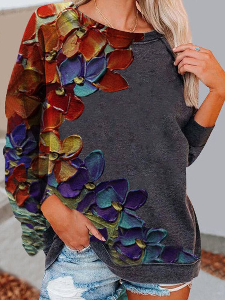Women Colorful Flower Print Long Sleeves O-Neck Casual Sweatshirt
