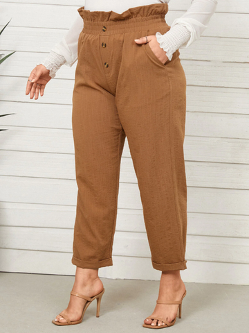 Plus Size Button Design Shirring Roll Pants
