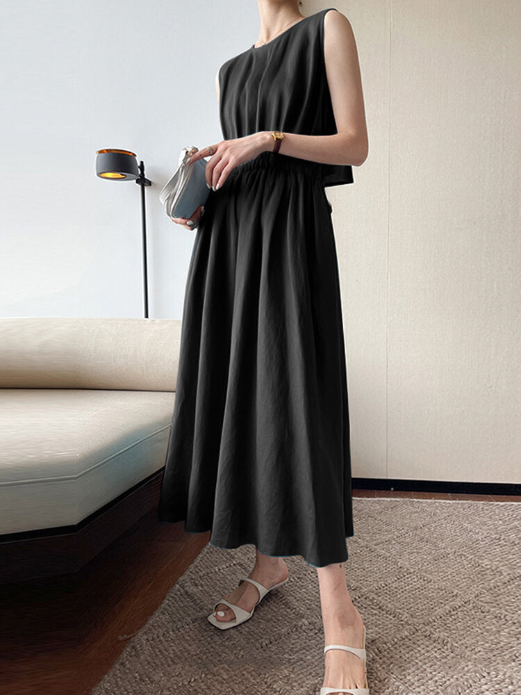 Solid Button Pocket Drawstring Show Waist Sleeveless Maxi Dress