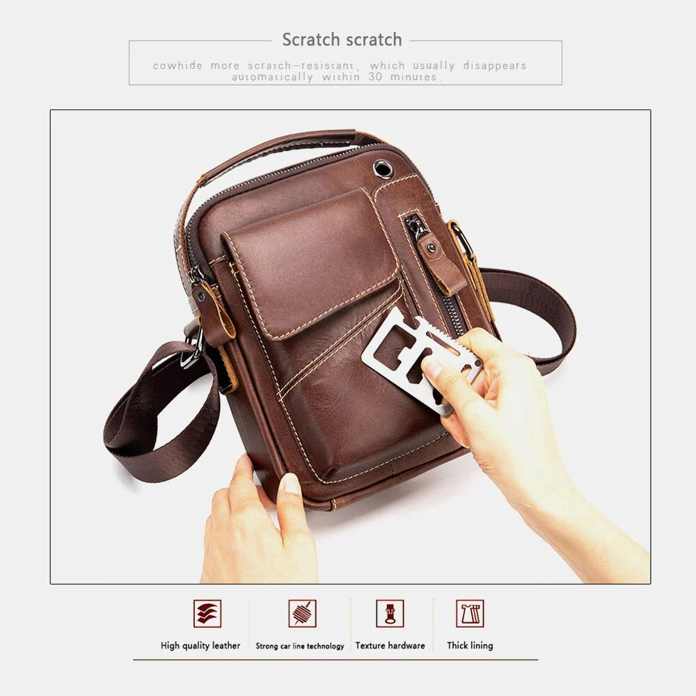 Men's Vintage Leather Crossbody Bag with Headphone Port & Multi-Pockets