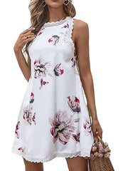 Women's Sleeveless Flower Ruffle Crew Neck Fashion Loose Fit Dress