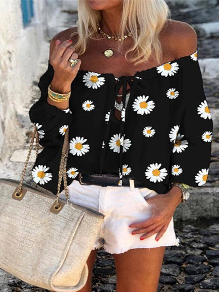 Daisy Print Off Shoulder Long Sleeve Casual Blouse For Women