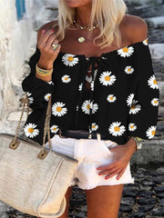 Daisy Print Off Shoulder Long Sleeve Casual Blouse For Women