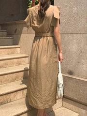 Women Sleeveless Crew Neck Belted Casual Maxi Dress