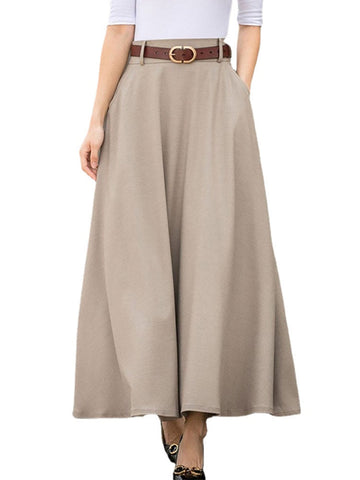 Solid Pocket Sash A-Line Casual Maxi Skirt