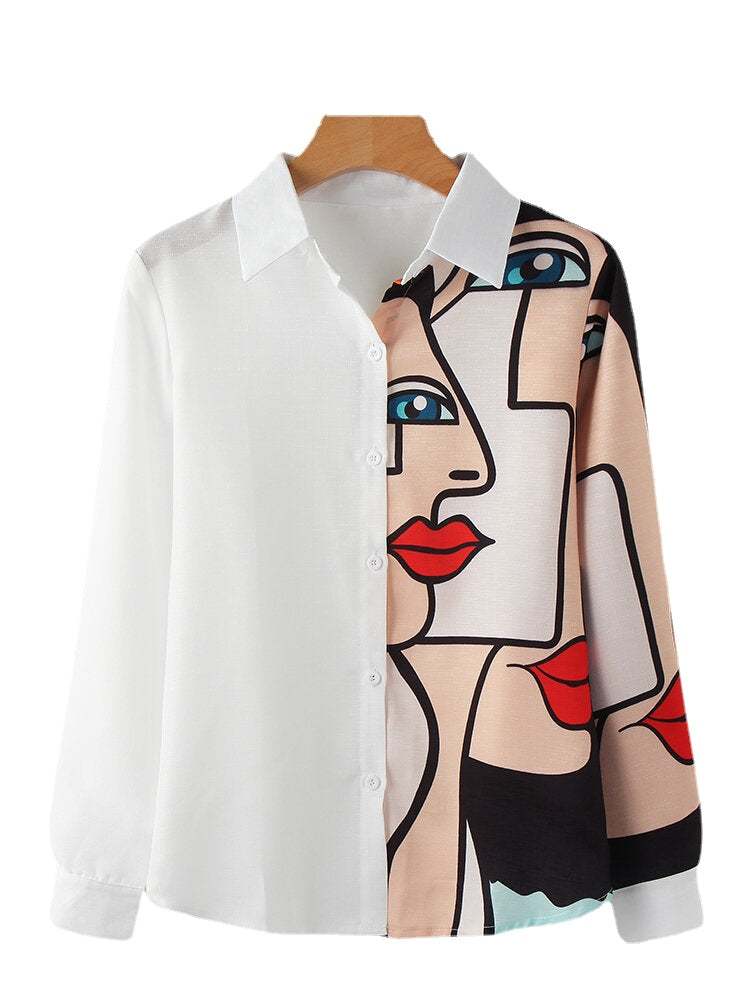 Women Art Illustration Print Lapel Long Sleeve White Shirts