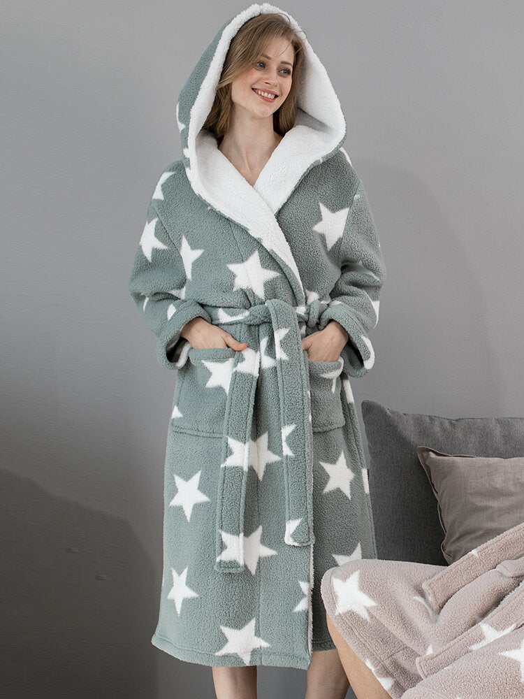 Women Star Print Fleece Thick Lace-Up Double Pockets Casual Home Warm Hooded Robes