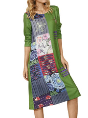 Ethnic Floral Print O-Neck Long Sleeve Vintage Midi Dress For Women