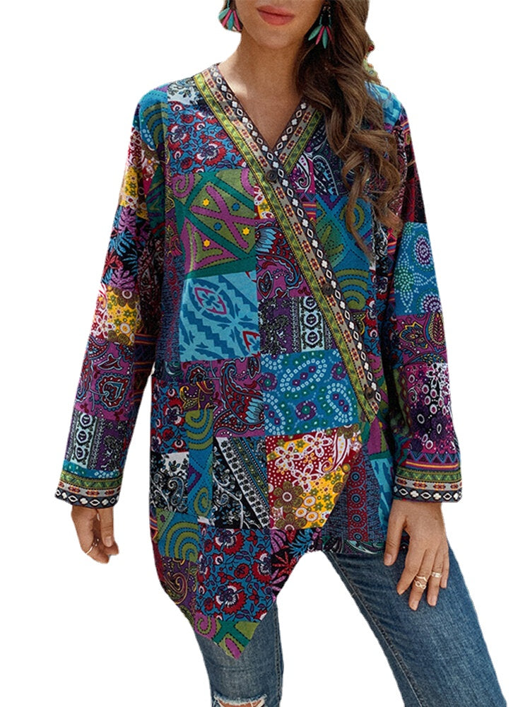 Women Retro Floral Print Patchwork Long Sleeve Irregular Cotton Ethnic Style Vintage Cardigans