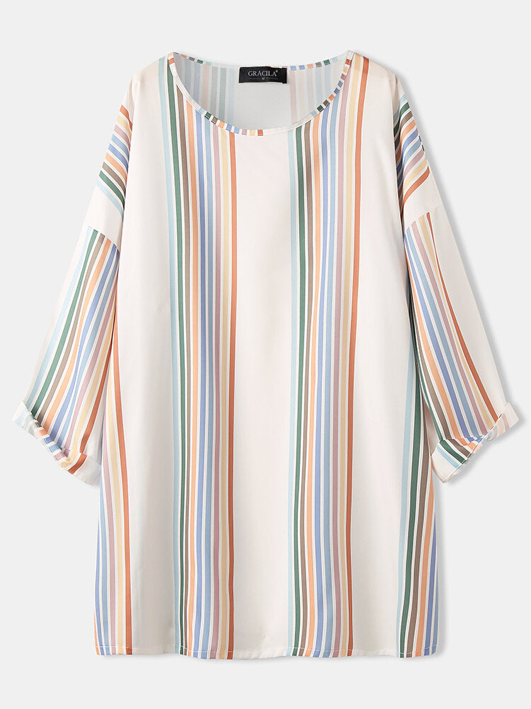 Women Colorful Striped Print Long Sleeve Casual Blouse