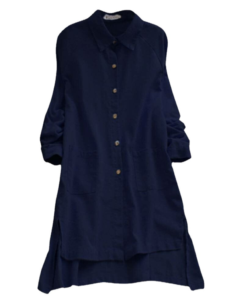 Solid High-low Button Front Pocket Lapel Shirt