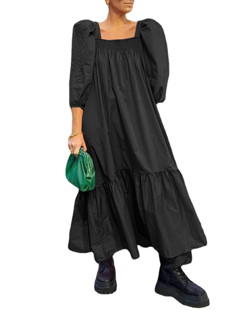 Square Neck Solid Color Puff Sleeve Ruffles Hem Casual Maxi Dress For Women