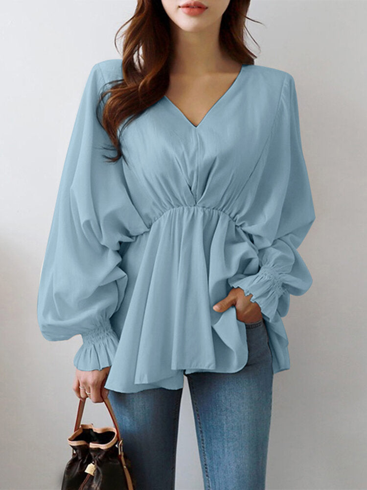 Women Solid Color V-Neck Puff Sleeve Ruffles Hem Casual Blouse