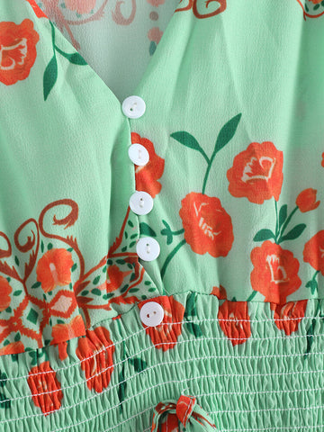 Bohemian Floral Random Print V-neck 3/4 Sleeve Buttons Maxi Dress