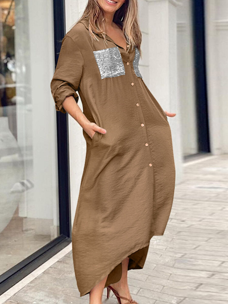 Women Sequins Shirt Solid High Low Hem Calf Length Midi Dresses