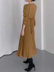 Solor Long Sleeve Round Neck Pleated Elegant Dress With Belt