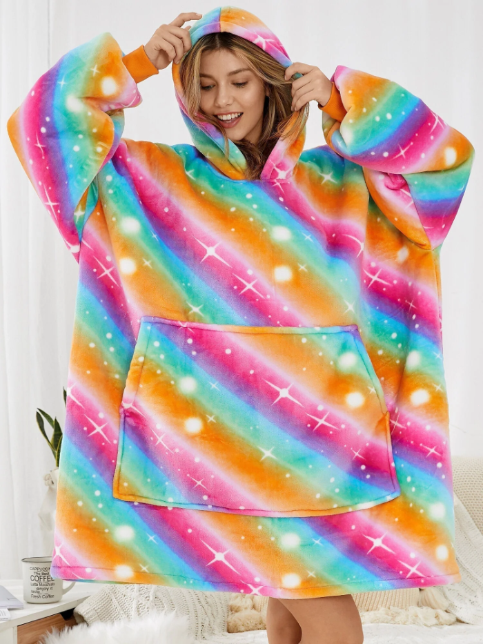 Women Rainbow Flannel Fleece Lined Warm Thick Oversized Blanket Hoodie With Front Pocket