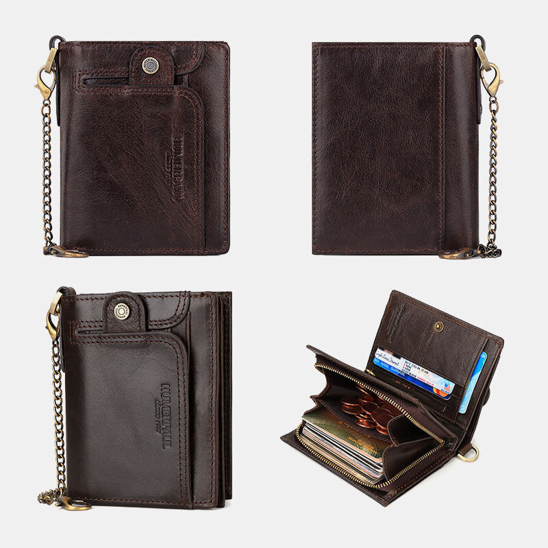 Men Genuine Leather RFID Anti-theft Zipper Multi-slot Card Holder Wallet With Chain