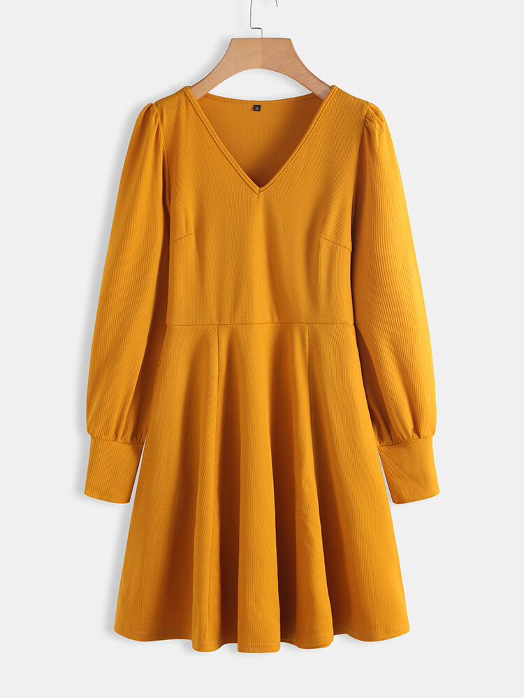 Causal Solid V-neck Long Sleeve Dress For Women